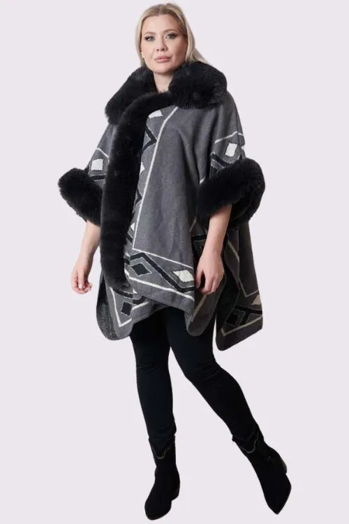 Geometric Print Faux Fur Poncho