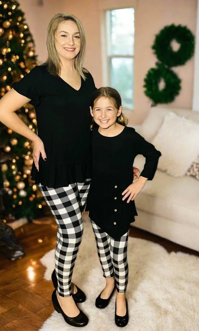 Girls Christmas Black White Plaid Leggings, Kids Yoga Pants, Sizes S/L, No-Roll Waist, Black/White