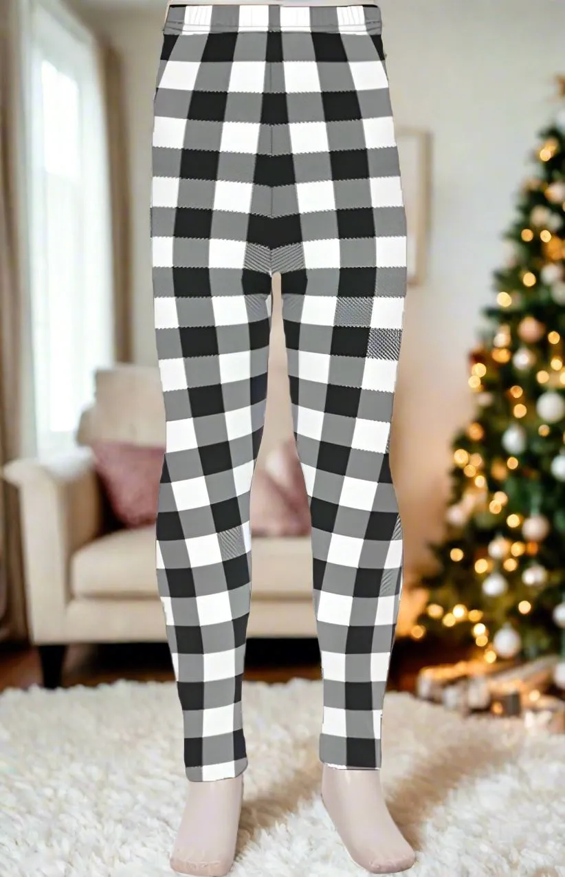 Girls Christmas Black White Plaid Leggings, Kids Yoga Pants, Sizes S/L, No-Roll Waist, Black/White