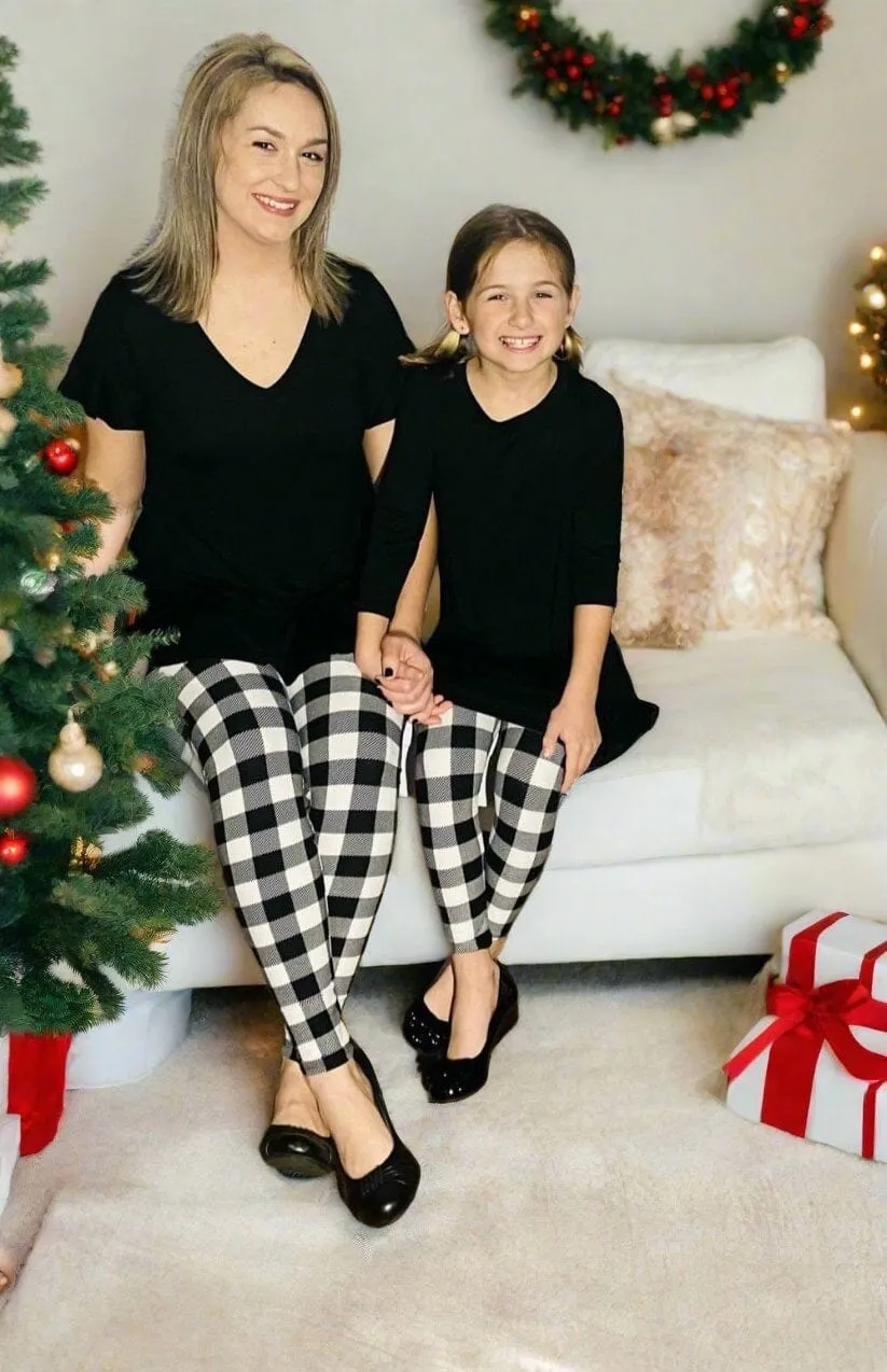 Girls Christmas Black White Plaid Leggings, Kids Yoga Pants, Sizes S/L, No-Roll Waist, Black/White