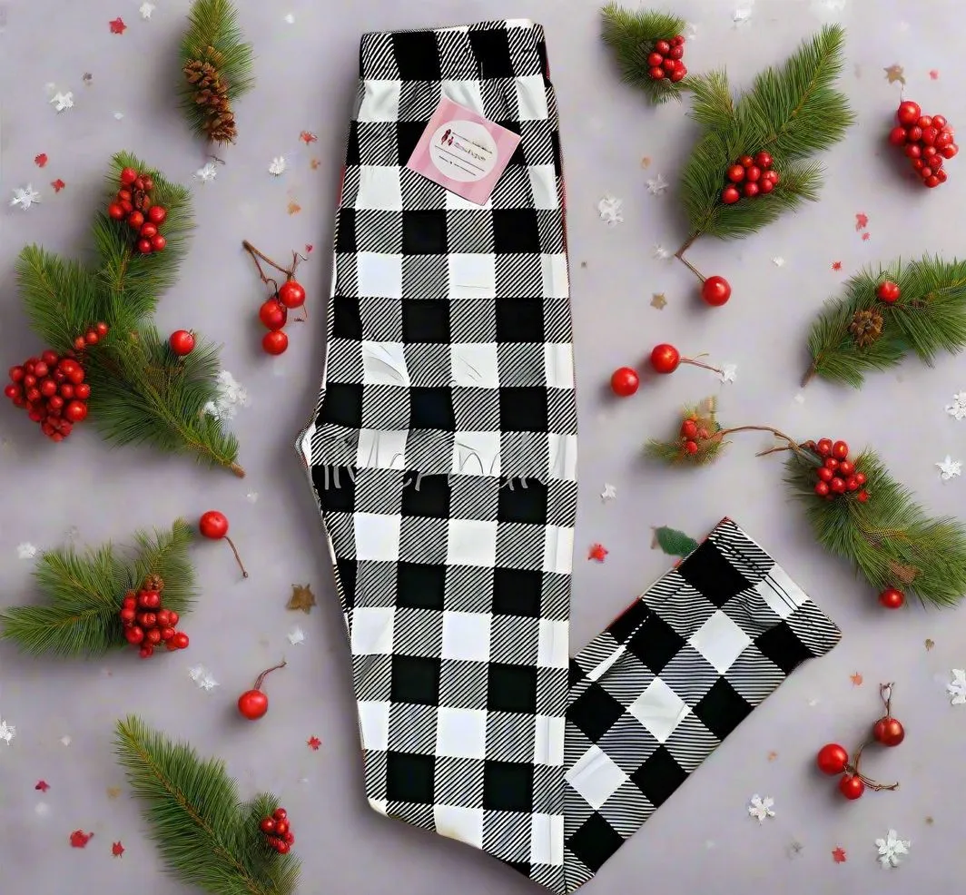 Girls Christmas Black White Plaid Leggings, Kids Yoga Pants, Sizes S/L, No-Roll Waist, Black/White