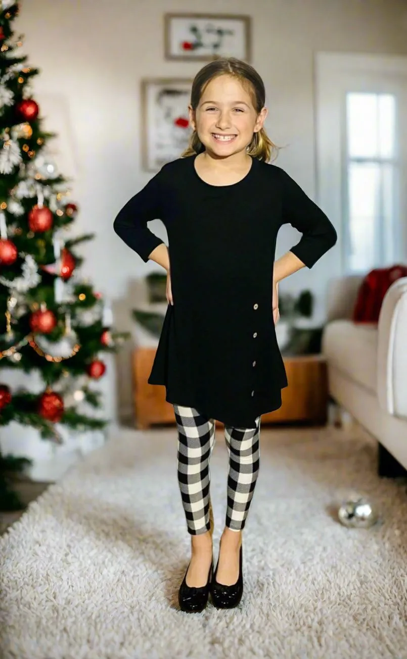 Girls Christmas Black White Plaid Leggings, Kids Yoga Pants, Sizes S/L, No-Roll Waist, Black/White