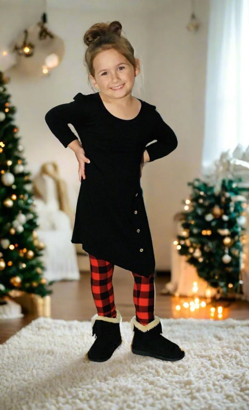 Girls Christmas Red Plaid Leggings, Kids Yoga Pants, Sizes S/L, No-Roll Waist, Red/Black