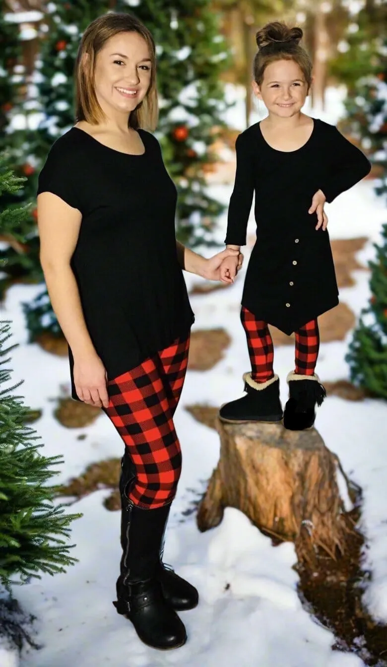 Girls Christmas Red Plaid Leggings, Kids Yoga Pants, Sizes S/L, No-Roll Waist, Red/Black