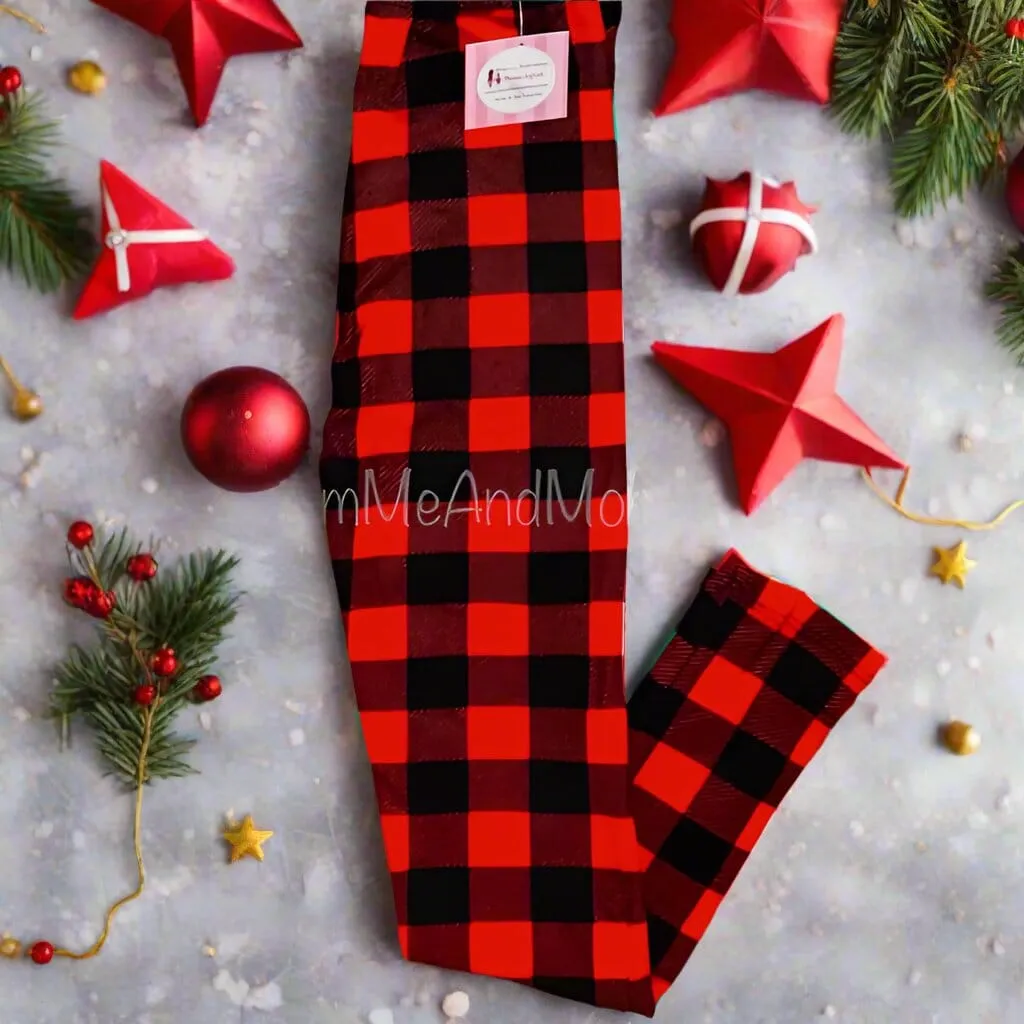 Girls Christmas Red Plaid Leggings, Kids Yoga Pants, Sizes S/L, No-Roll Waist, Red/Black