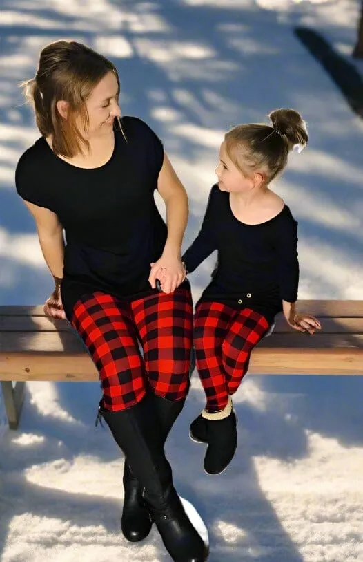 Girls Christmas Red Plaid Leggings, Kids Yoga Pants, Sizes S/L, No-Roll Waist, Red/Black