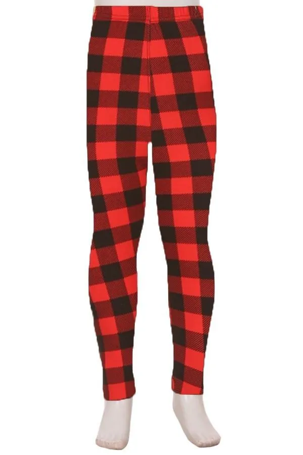 Girls Plaid Leggings, Kids Yoga Pants, Sizes S/L, No-Roll Waist, Red/Black