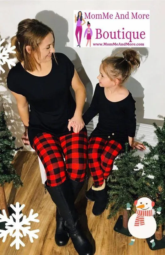 Girls Plaid Leggings, Kids Yoga Pants, Sizes S/L, No-Roll Waist, Red/Black