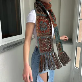 Handmade brown and blue tassel crochet scarf