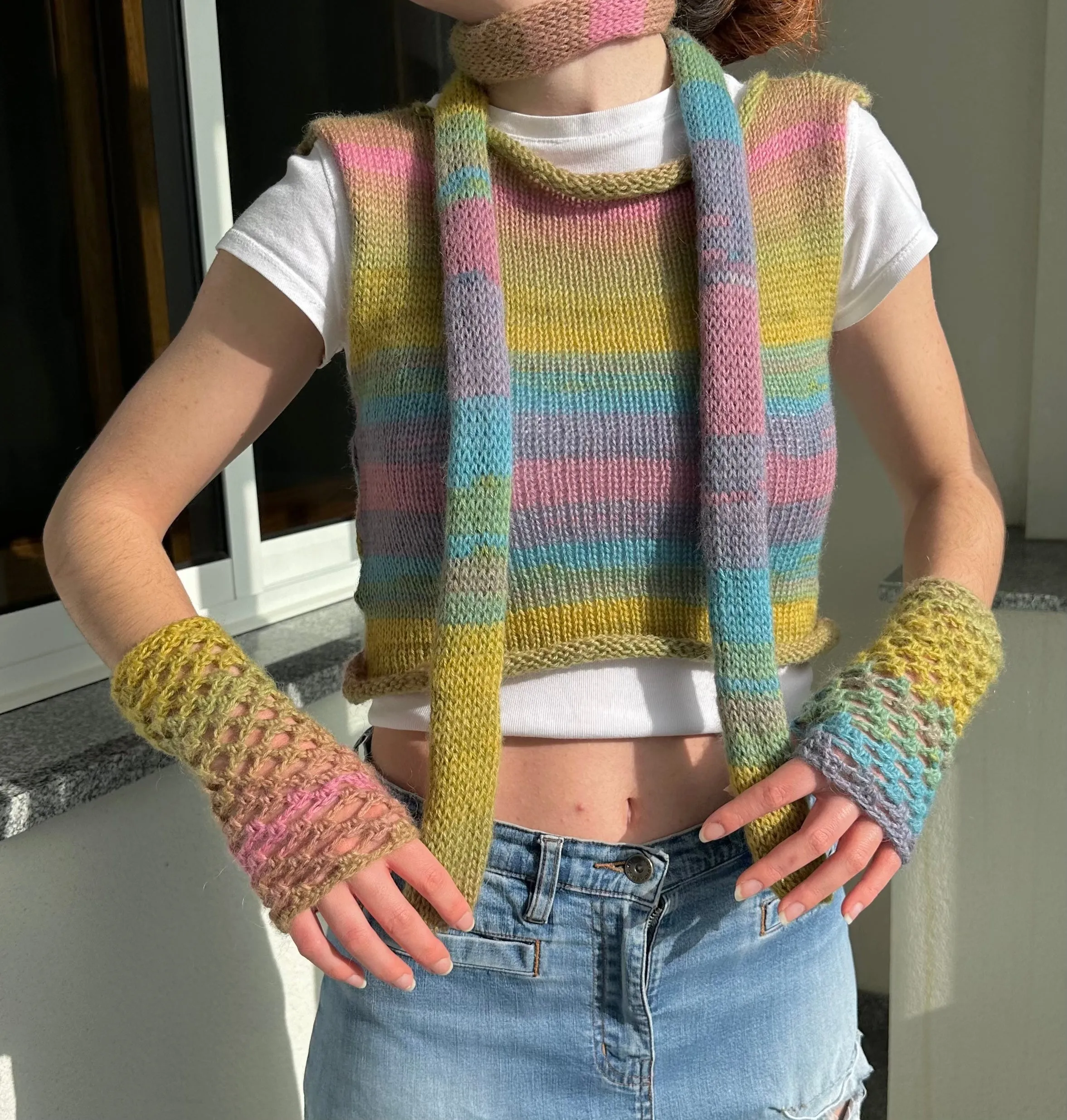 Handmade dusky rainbow crochet fishnet hand warmers