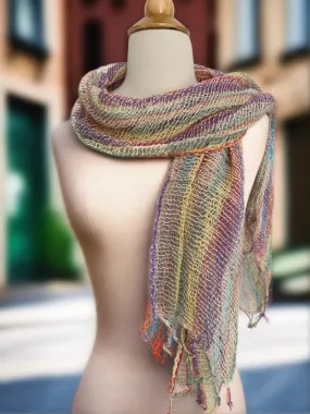 Handwoven Open Weave Cotton Scarf - Multi  Purple, Cream, Salmon,Yellow