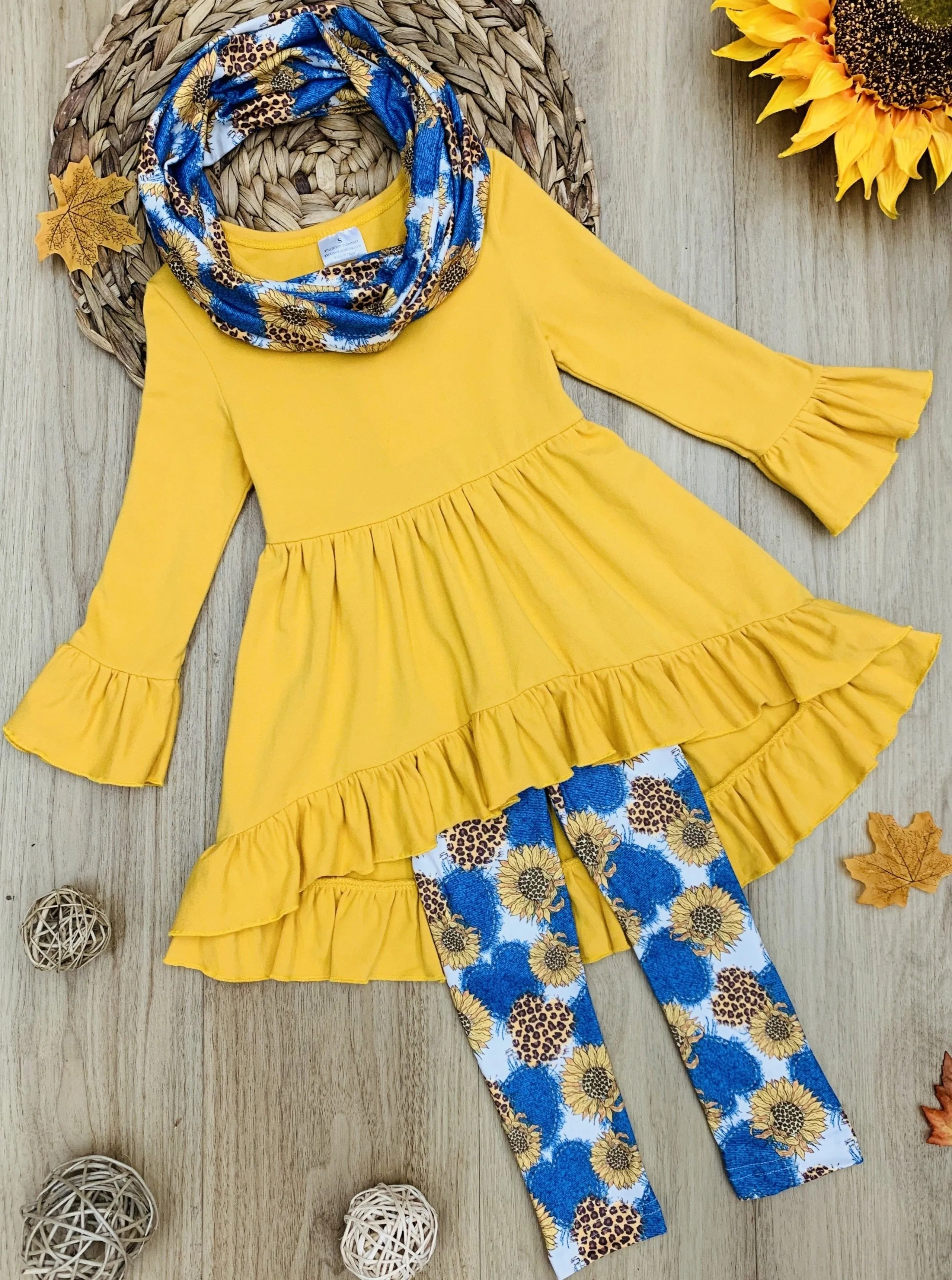 Hearts of Blue Ruffle Tunic, Floral Leggings And Scarf Set