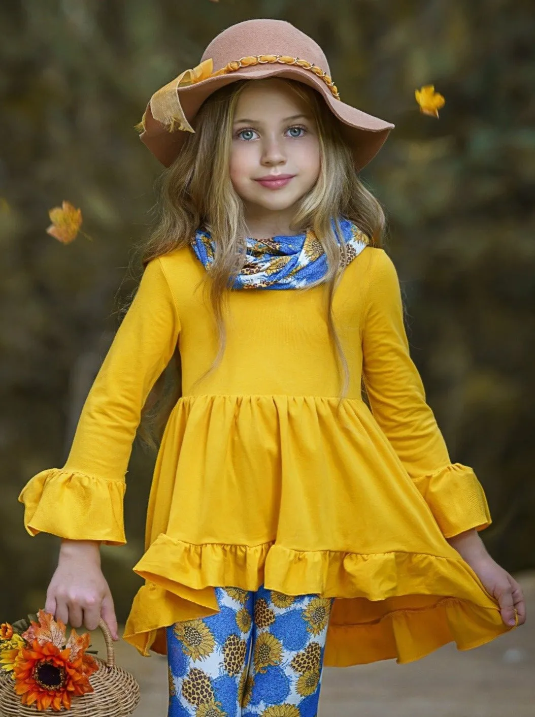 Hearts of Blue Ruffle Tunic, Floral Leggings And Scarf Set