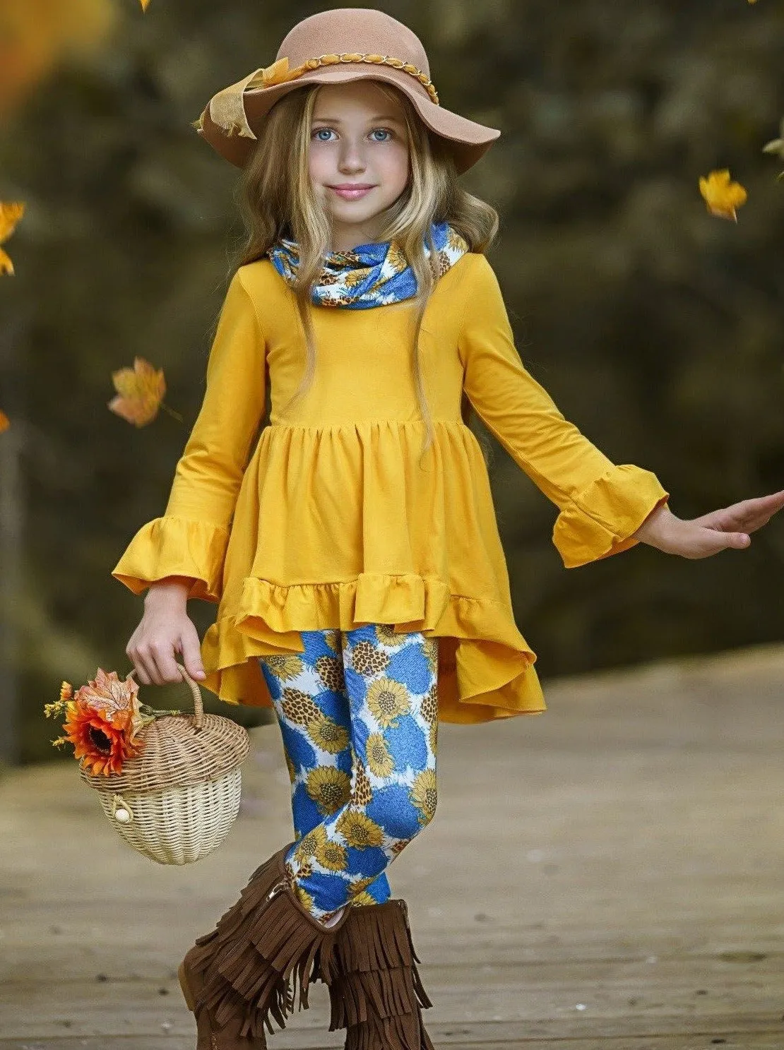 Hearts of Blue Ruffle Tunic, Floral Leggings And Scarf Set