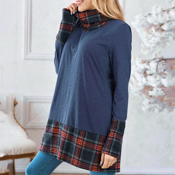 High Collar Plaid Long Sleeve Sweater