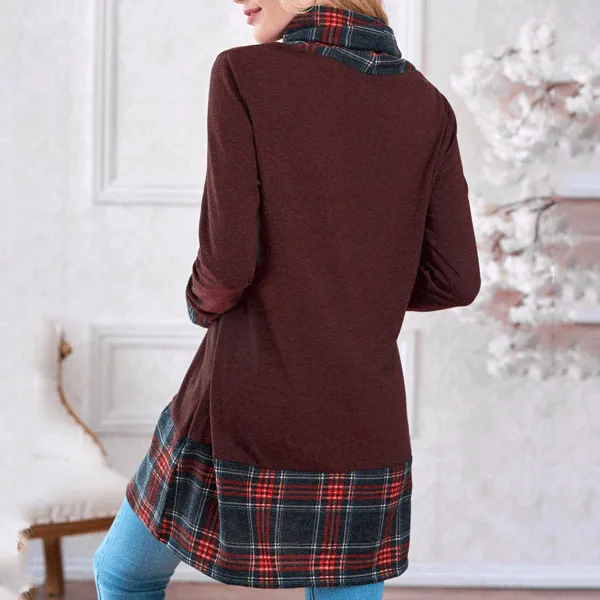 High Collar Plaid Long Sleeve Sweater