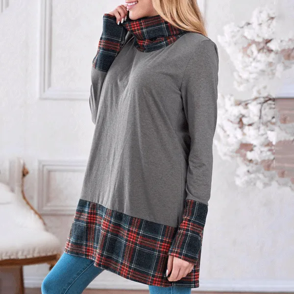 High Collar Plaid Long Sleeve Sweater