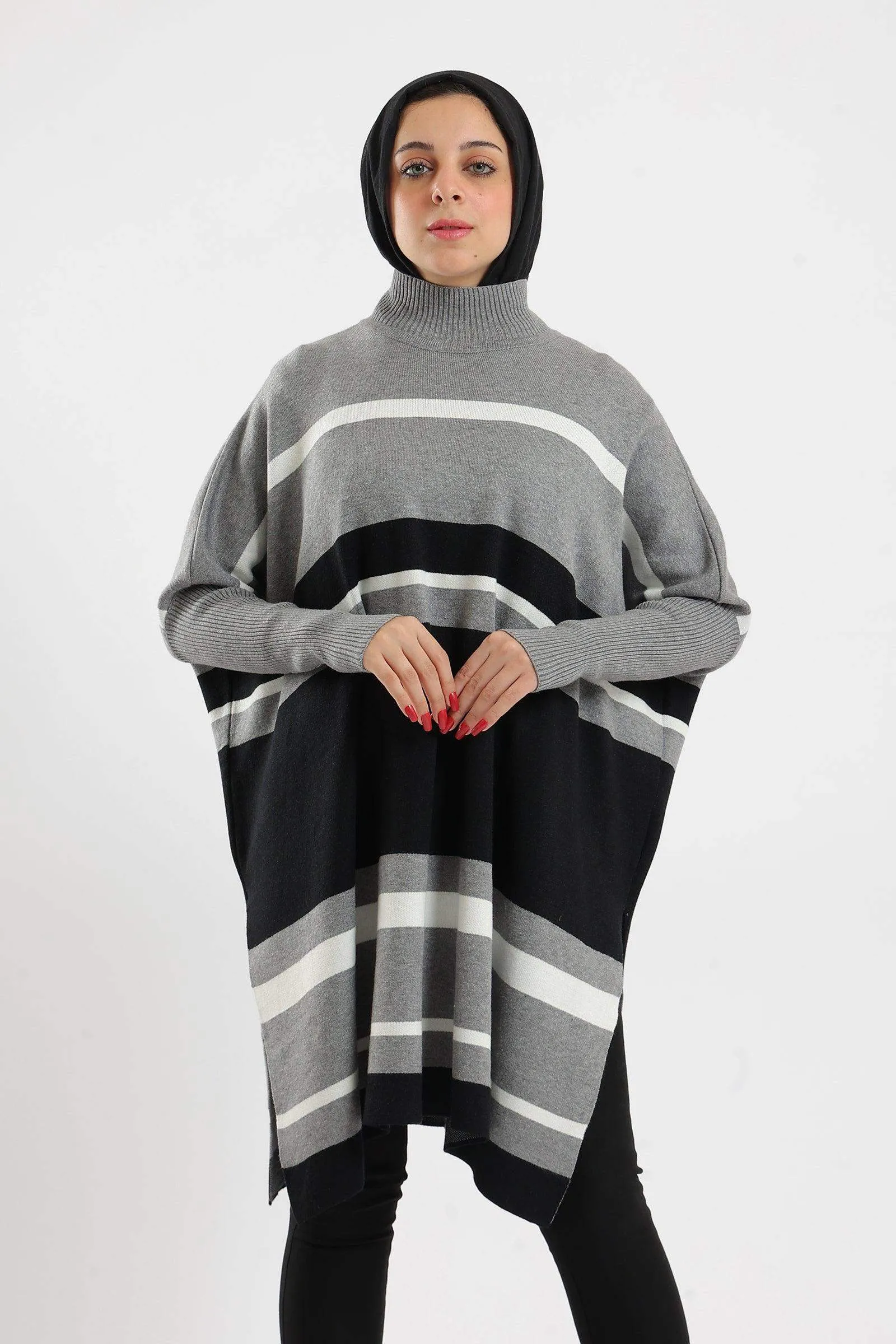 High Neck Striped Poncho