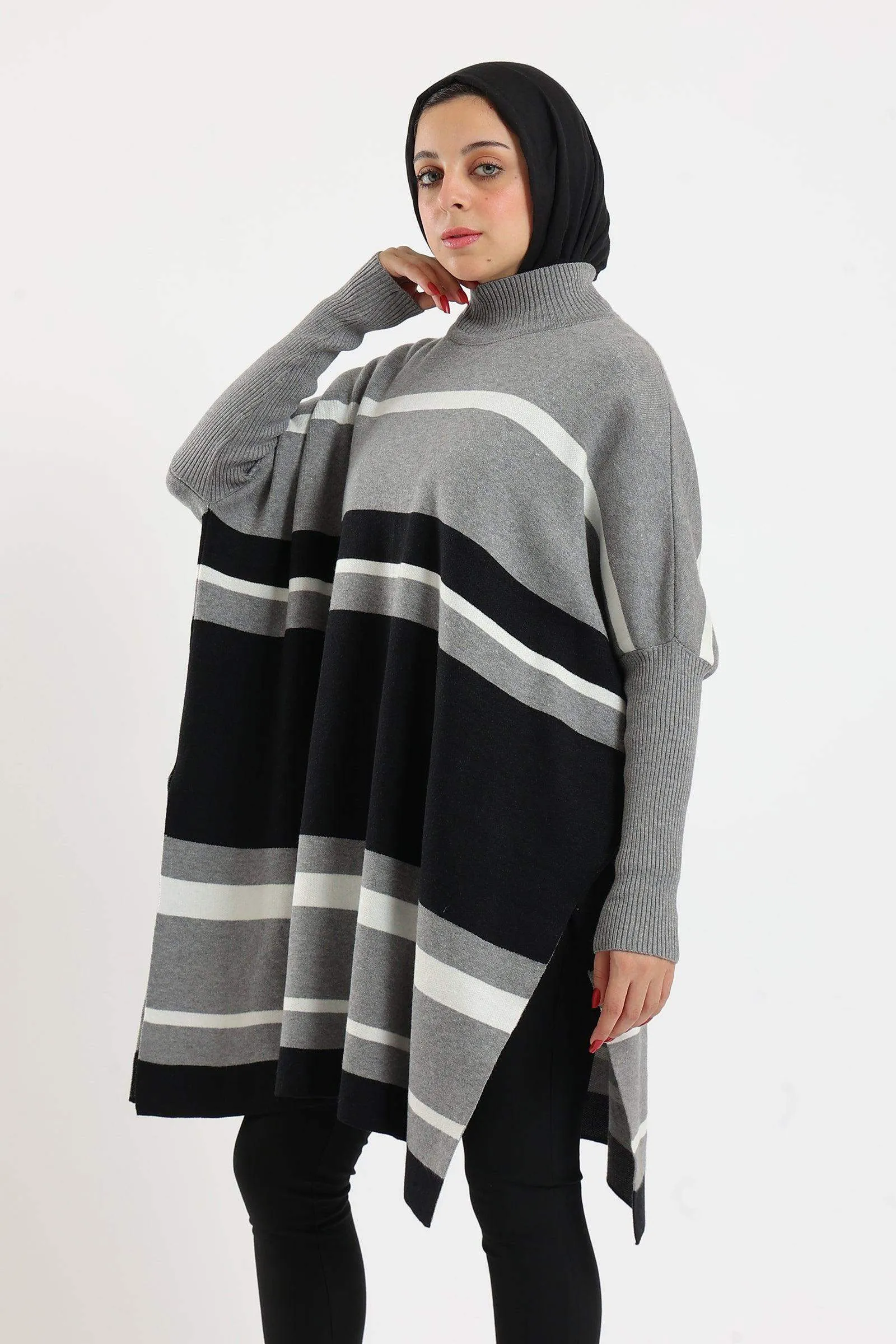 High Neck Striped Poncho