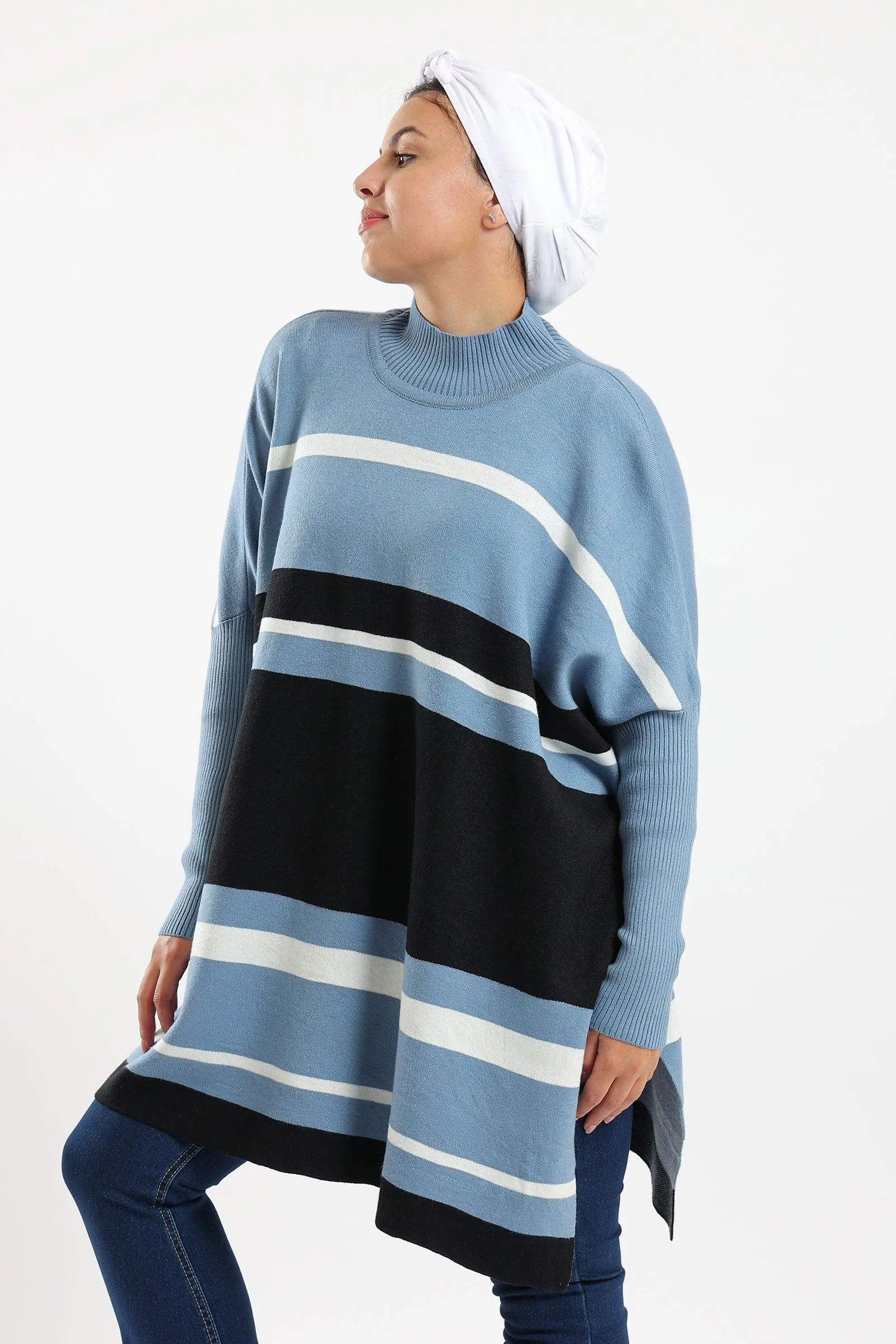 High Neck Striped Poncho