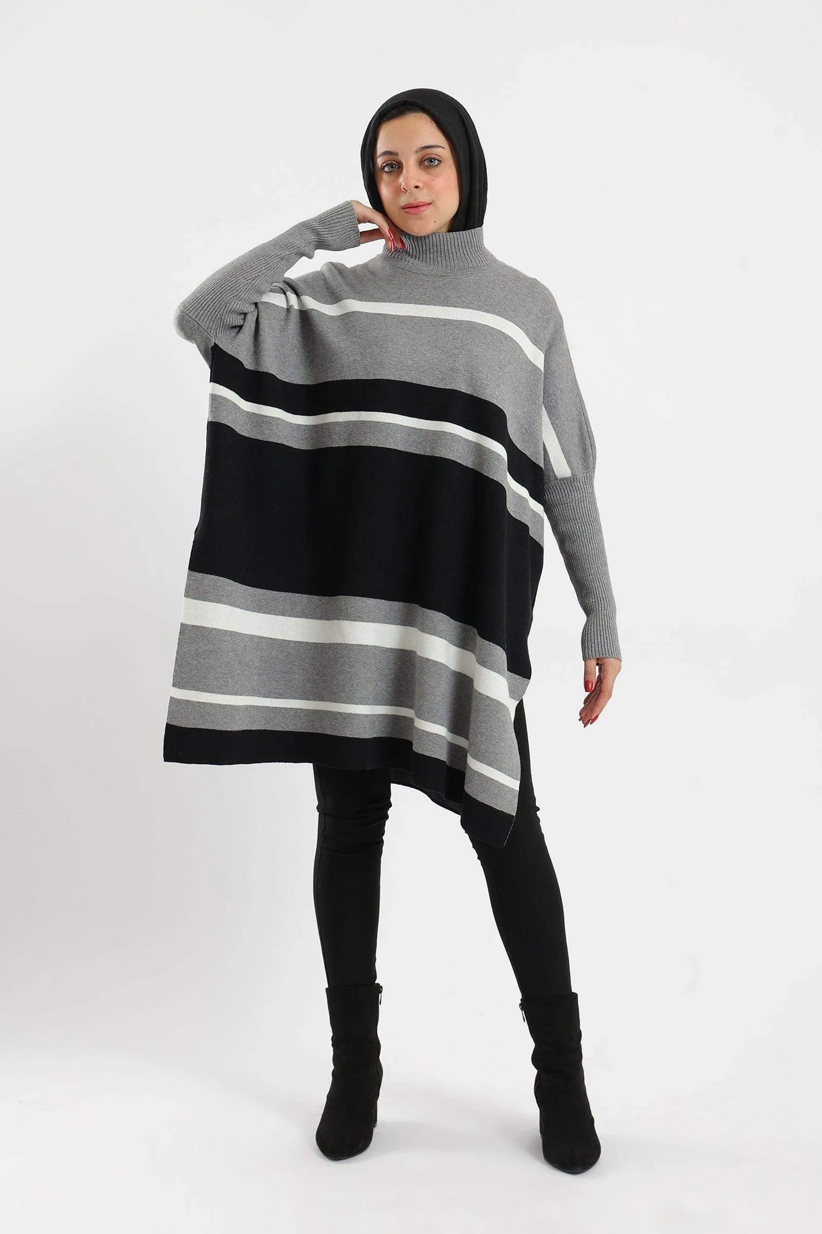 High Neck Striped Poncho