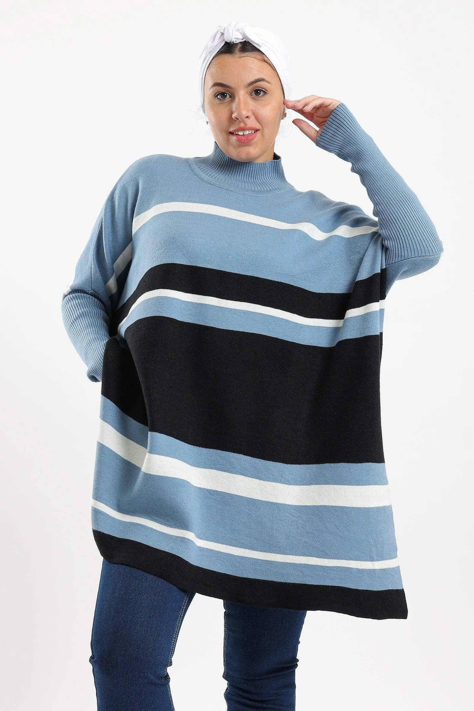 High Neck Striped Poncho