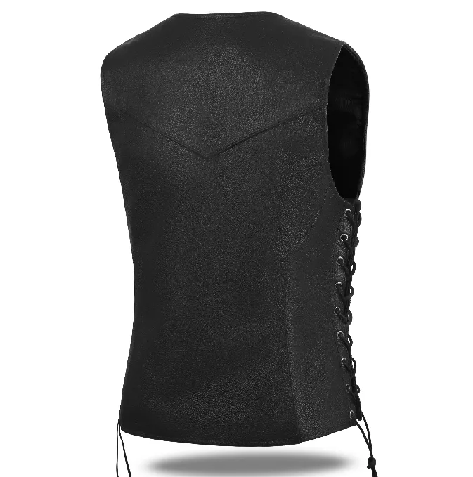 HL14855SPT Black Women's Side Lace Front Zipper leather motorcycle Vest