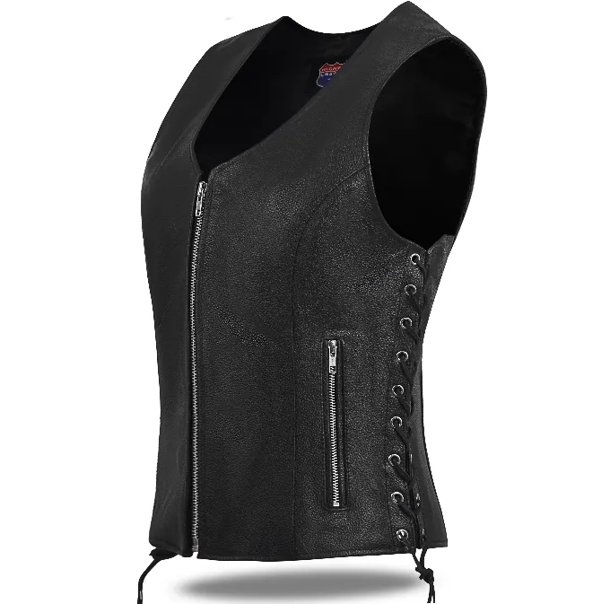 HL14855SPT Black Women's Side Lace Front Zipper leather motorcycle Vest