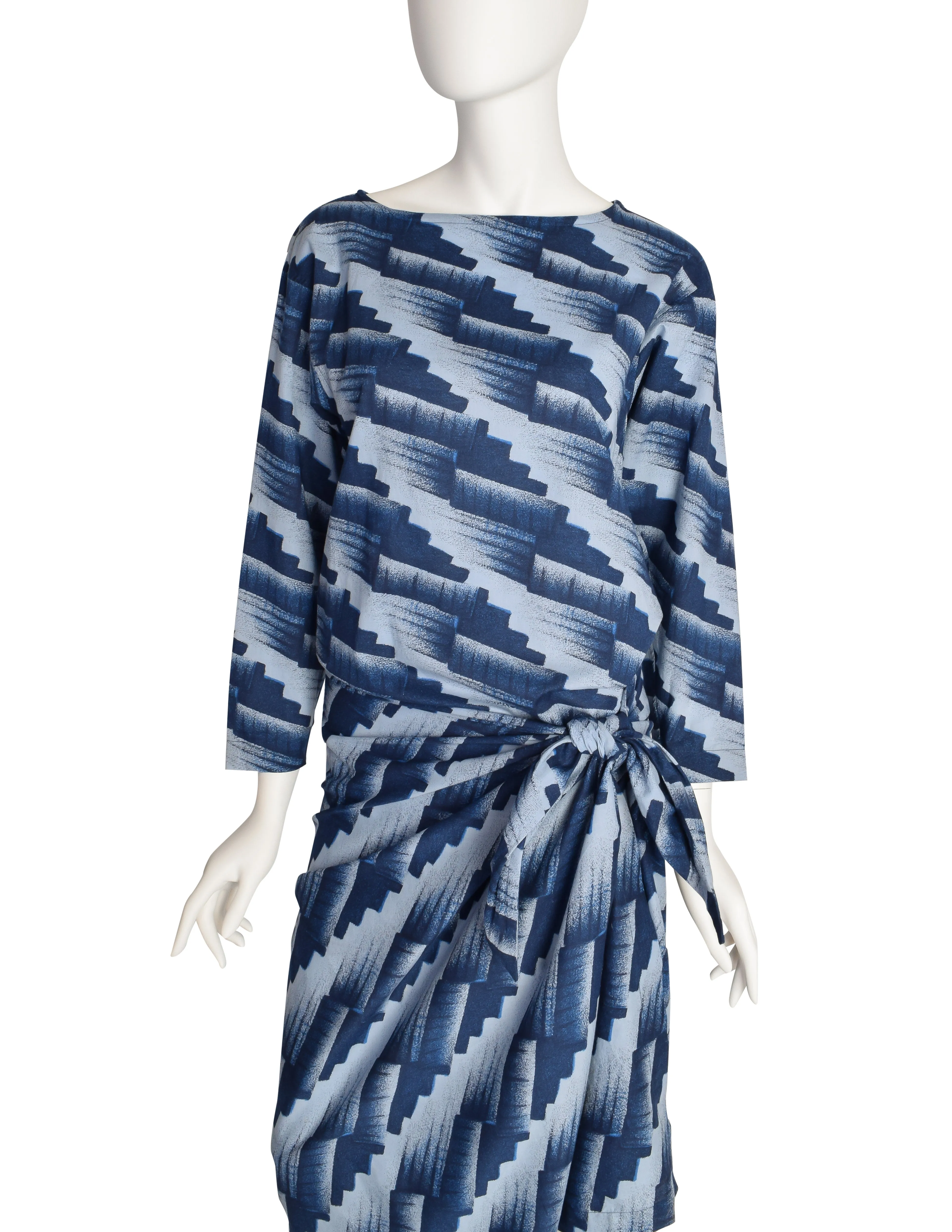 Issey Miyake Plantation Vintage Blue Geometric Print Sarong Style Wrap Dress