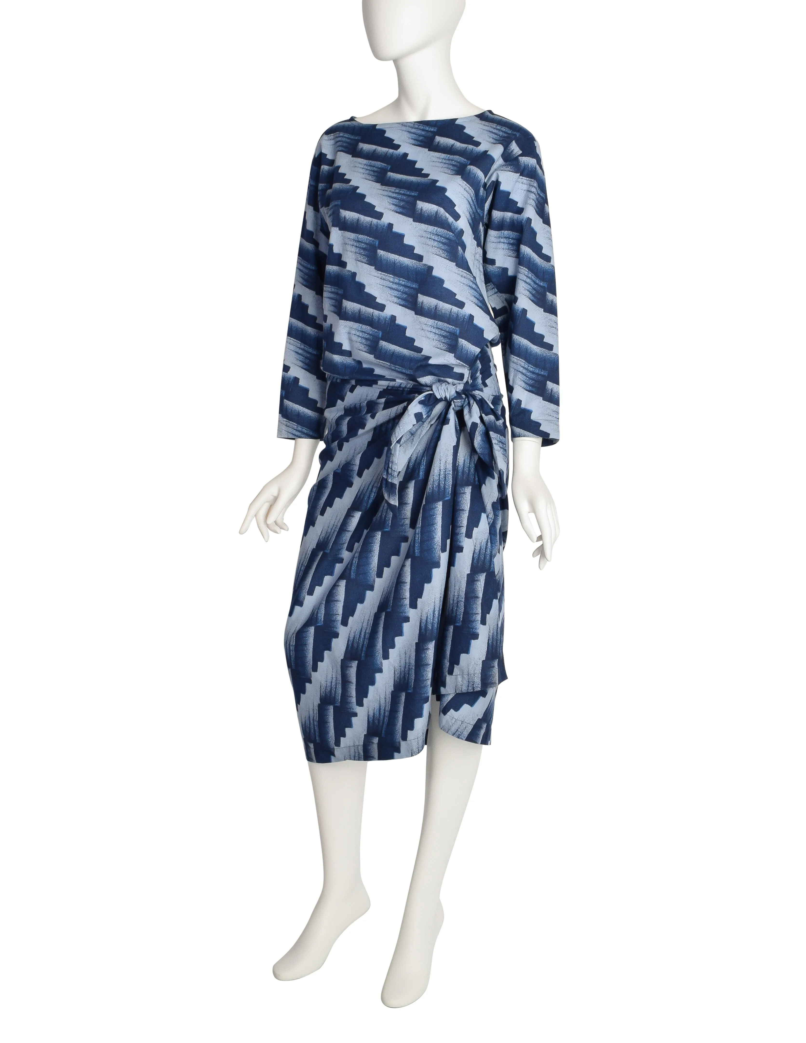 Issey Miyake Plantation Vintage Blue Geometric Print Sarong Style Wrap Dress