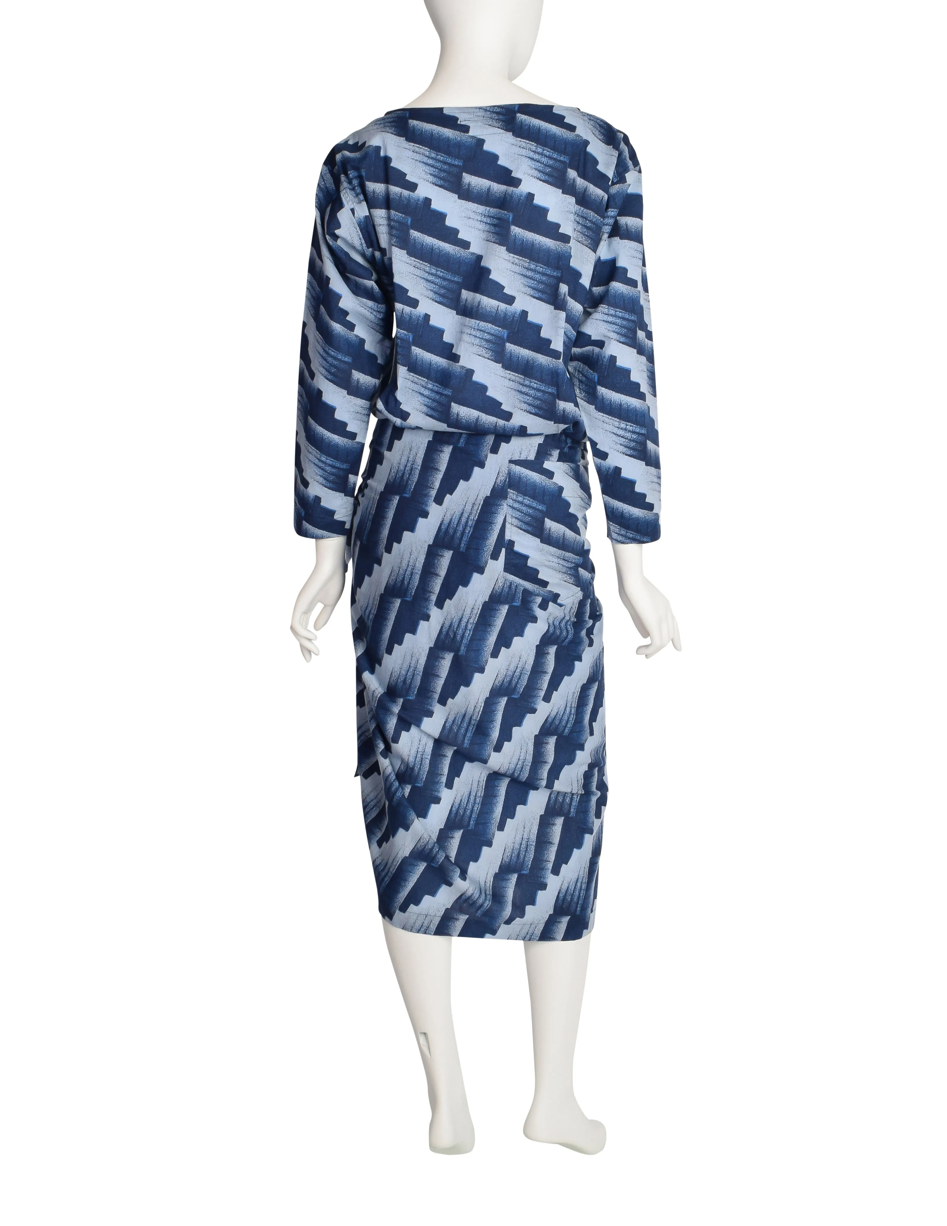 Issey Miyake Plantation Vintage Blue Geometric Print Sarong Style Wrap Dress