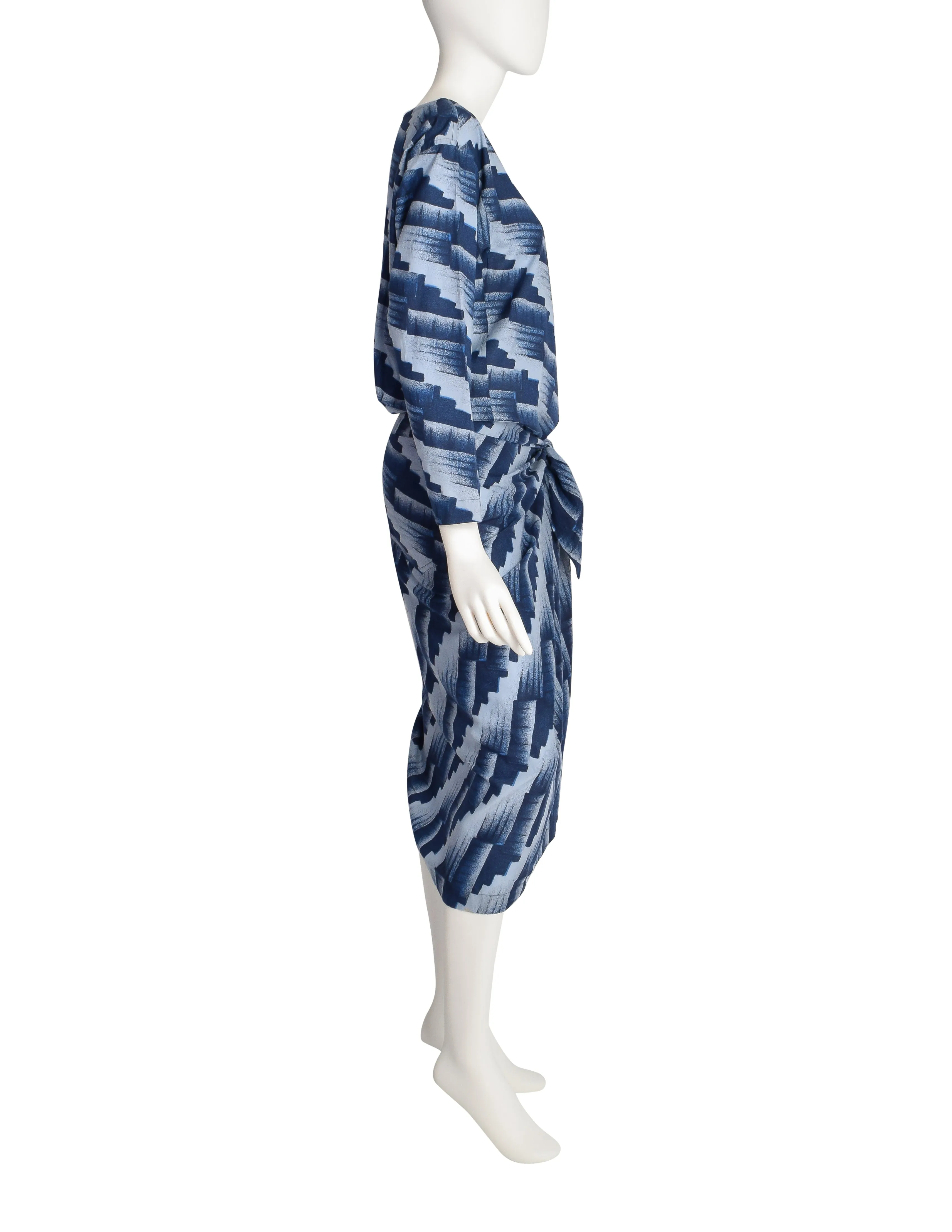 Issey Miyake Plantation Vintage Blue Geometric Print Sarong Style Wrap Dress