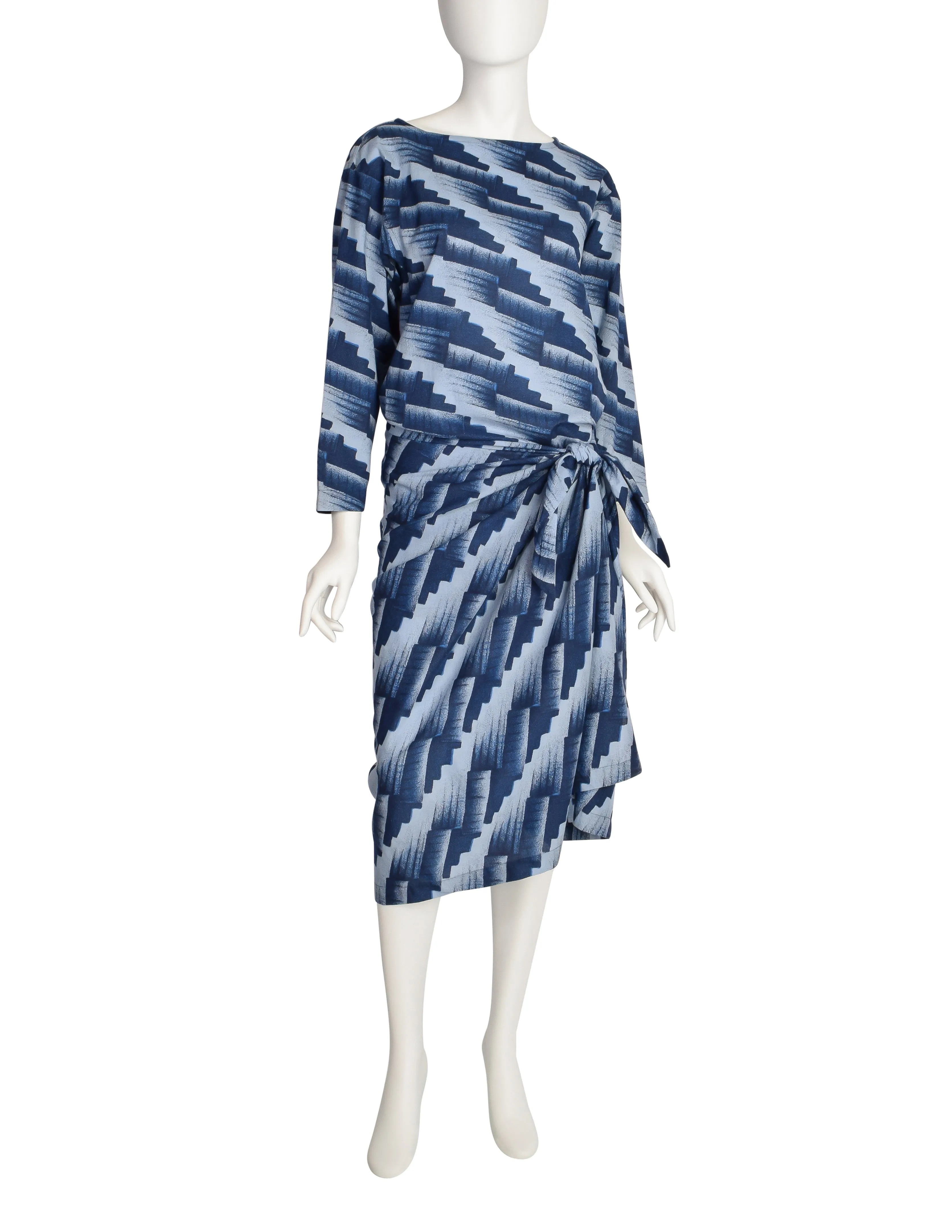 Issey Miyake Plantation Vintage Blue Geometric Print Sarong Style Wrap Dress