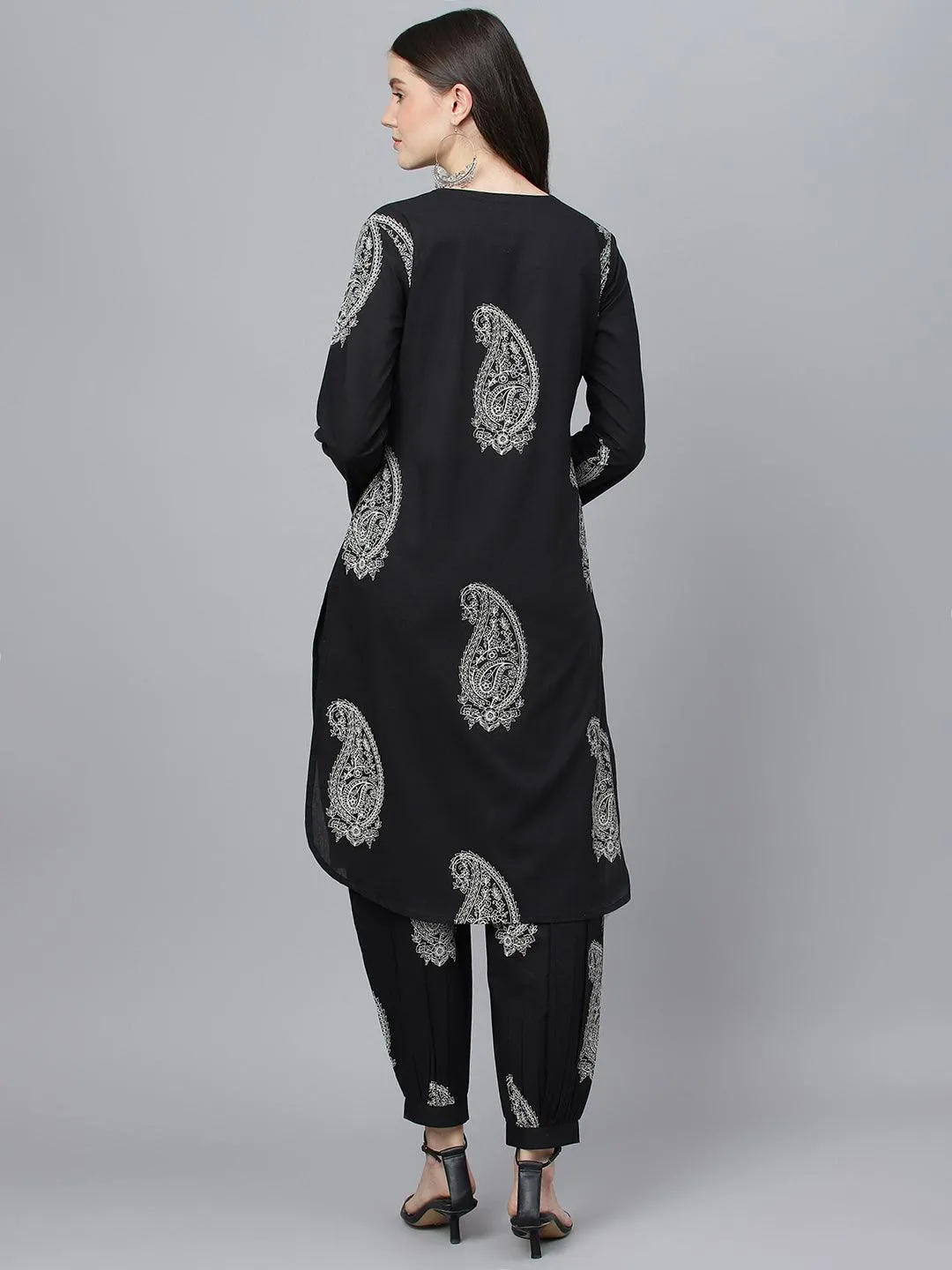 Jashvi Black Cotton Straight Kurta with Curve Hem Pant set