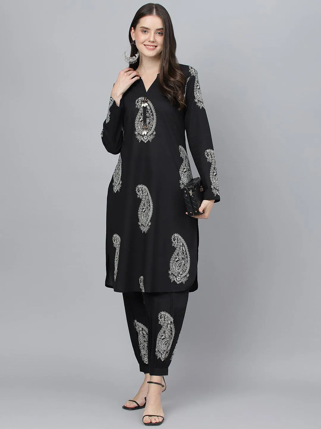 Jashvi Black Cotton Straight Kurta with Curve Hem Pant set