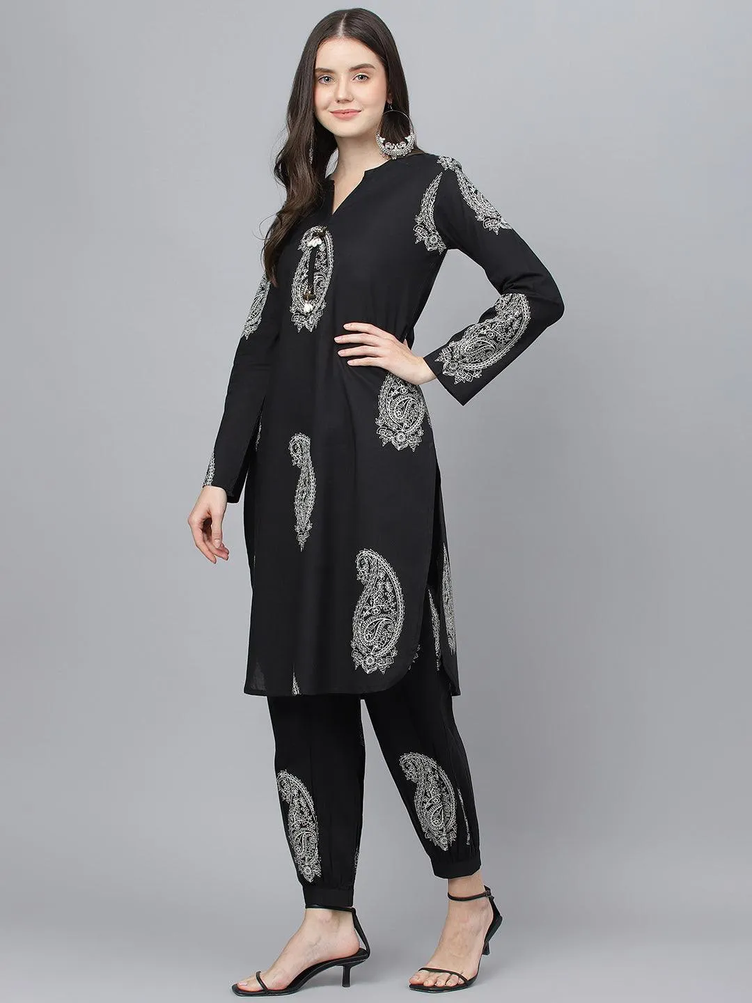 Jashvi Black Cotton Straight Kurta with Curve Hem Pant set