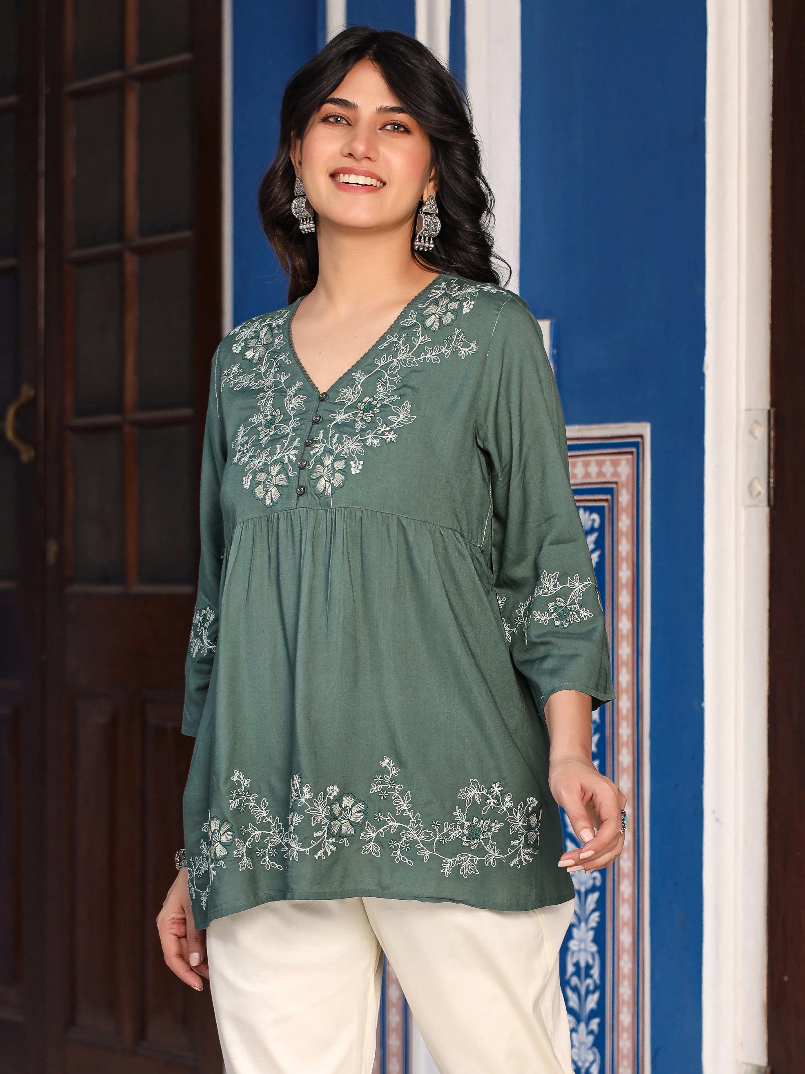 Jashvi Green Modal Rayon Alia-Cut Embroidered Tunic