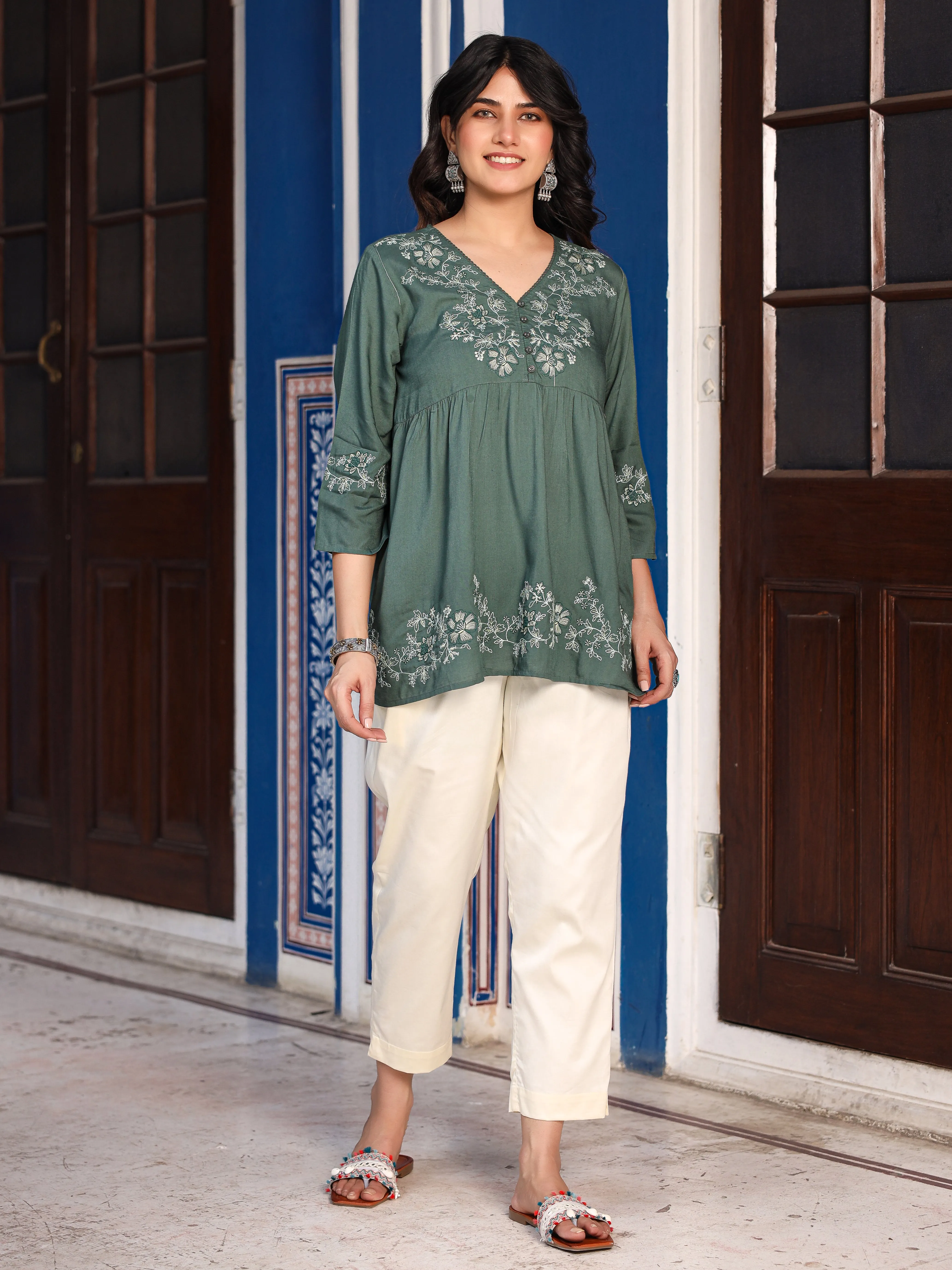 Jashvi Green Modal Rayon Alia-Cut Embroidered Tunic