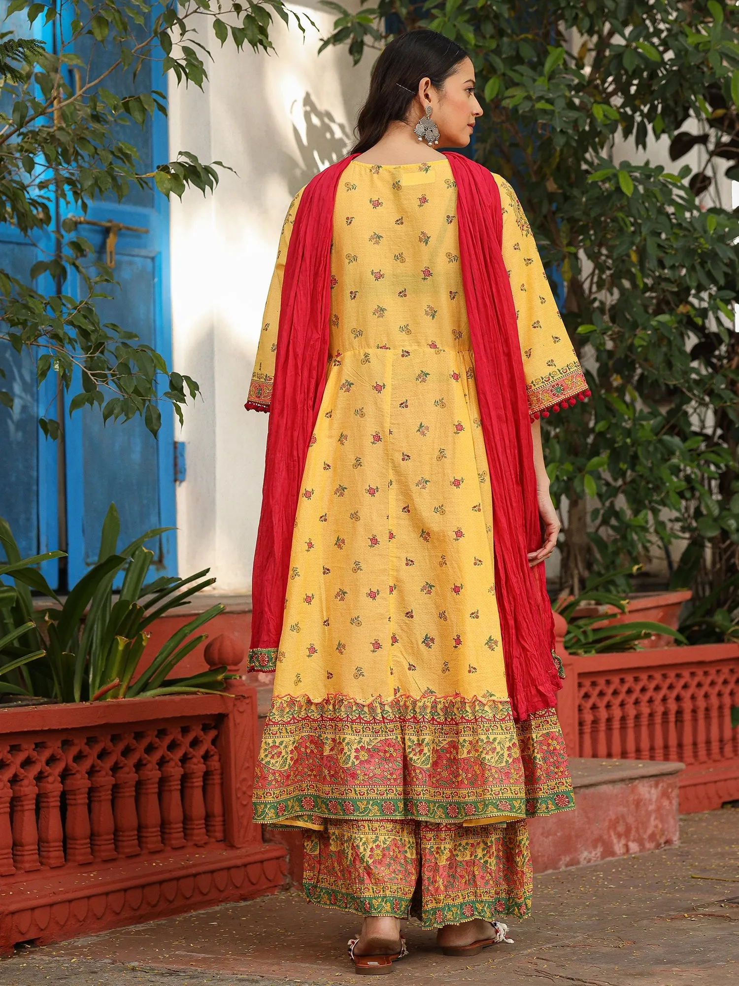 Jashvi Mustard Cotton Floral Printed Anarkali Kurta With Pants And Dupatta Set With Sequins & Beadwork