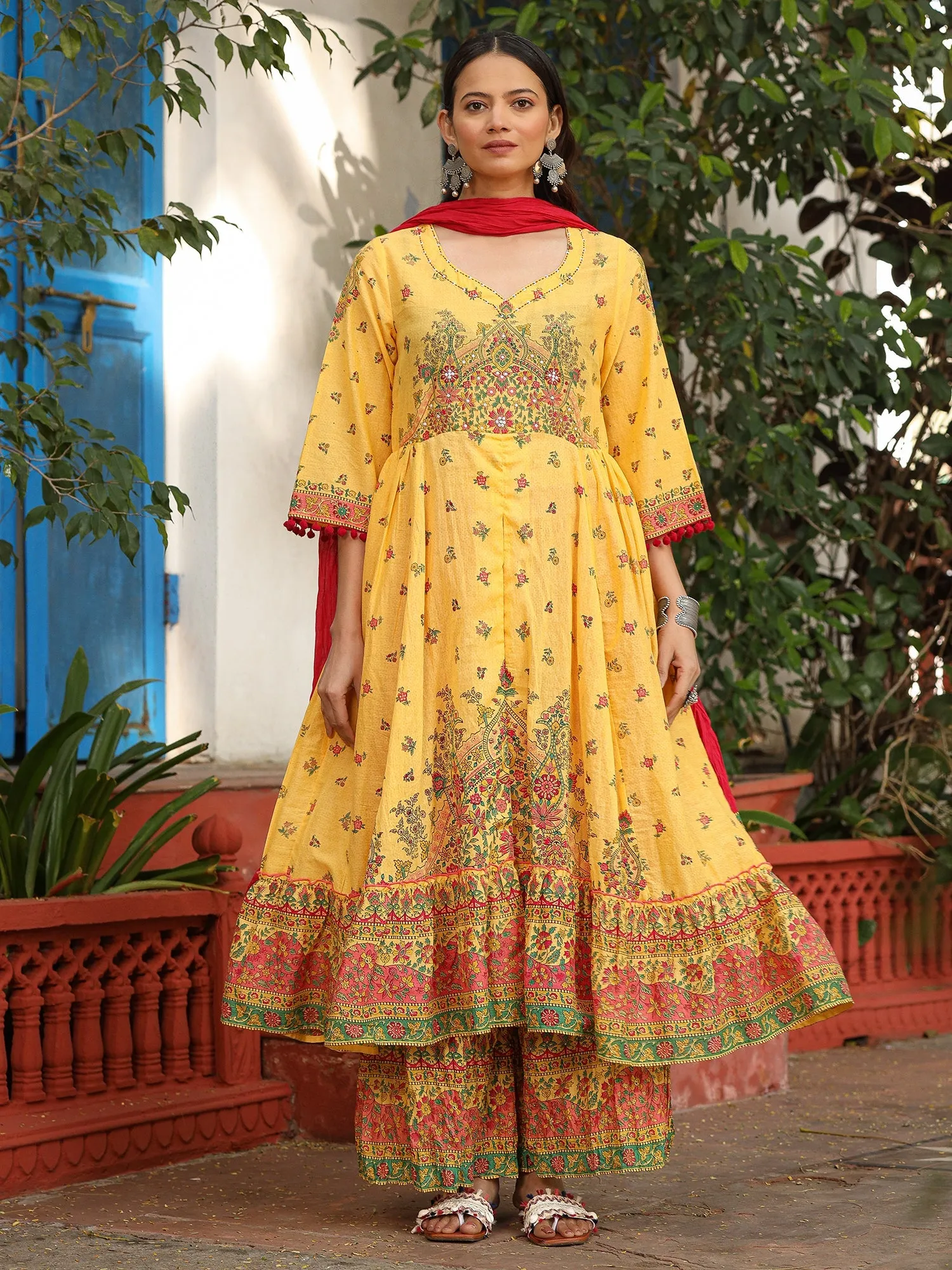 Jashvi Mustard Cotton Floral Printed Anarkali Kurta With Pants And Dupatta Set With Sequins & Beadwork