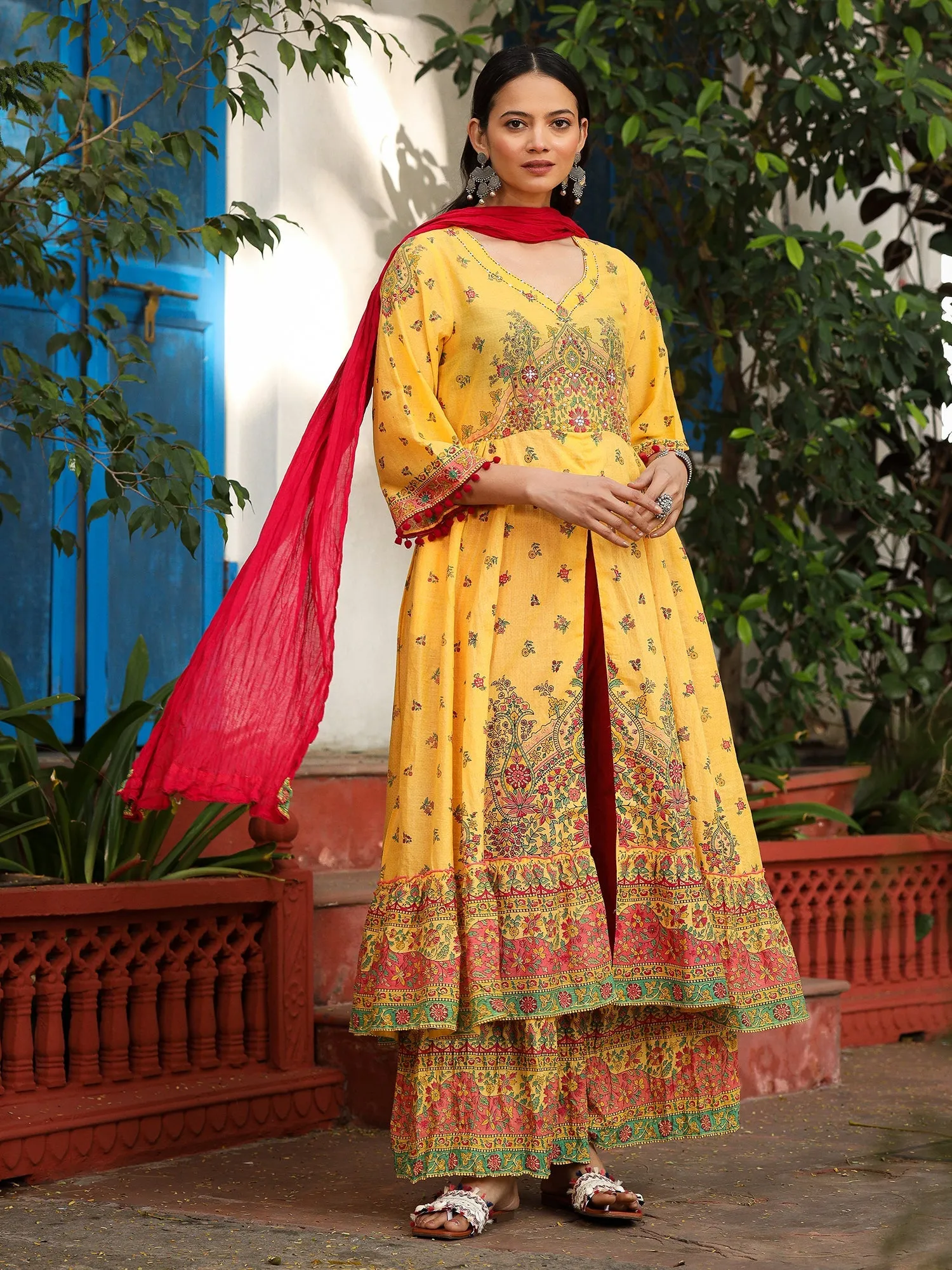 Jashvi Mustard Cotton Floral Printed Anarkali Kurta With Pants And Dupatta Set With Sequins & Beadwork