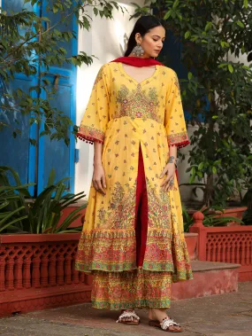 Jashvi Mustard Cotton Floral Printed Anarkali Kurta With Pants And Dupatta Set With Sequins & Beadwork