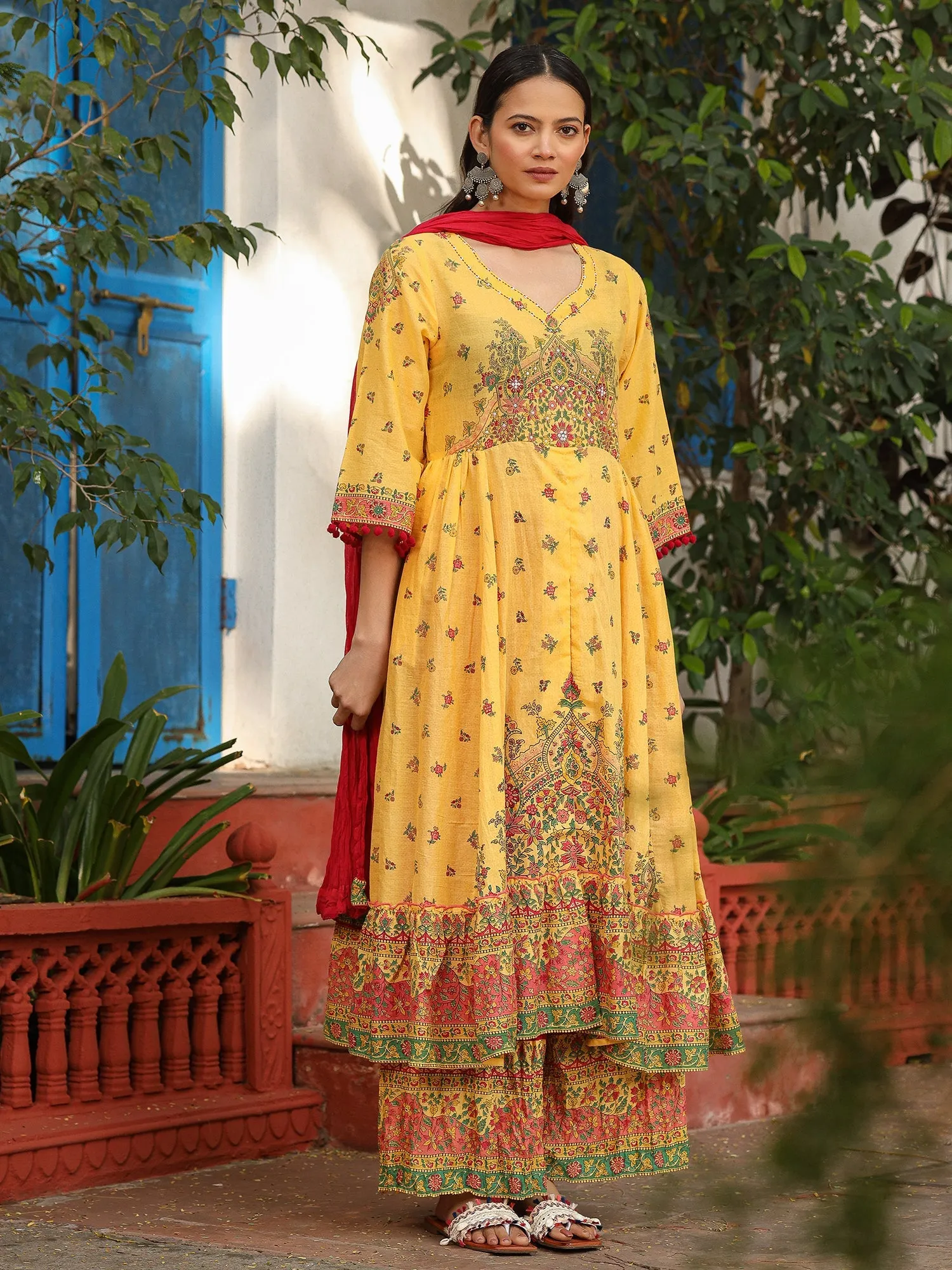 Jashvi Mustard Cotton Floral Printed Anarkali Kurta With Pants And Dupatta Set With Sequins & Beadwork