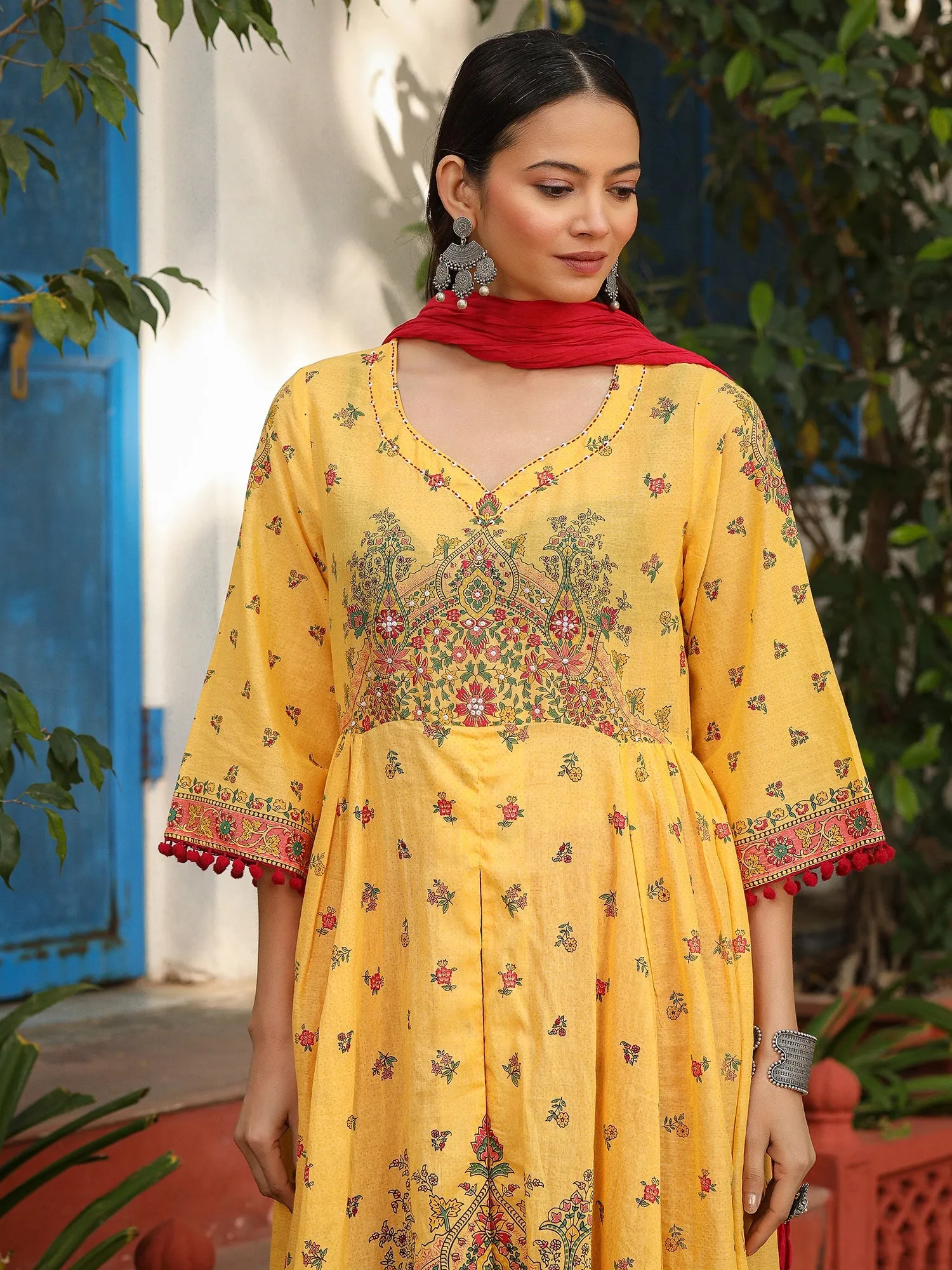 Jashvi Mustard Cotton Floral Printed Anarkali Kurta With Pants And Dupatta Set With Sequins & Beadwork