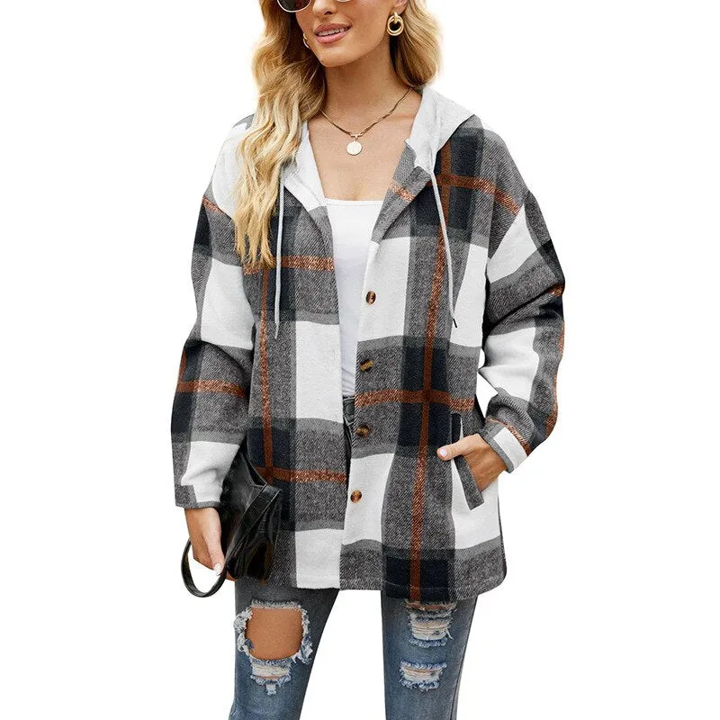 Joskaa Shirt Coat Comfortable Casual Women's Clothing 2024 Autumn/ Winter Fashion New Hooded Plaid Pattern Woolen Coat Ladies Loose Top