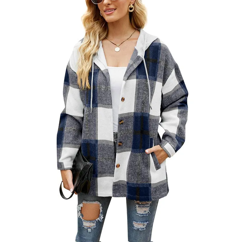 Joskaa Shirt Coat Comfortable Casual Women's Clothing 2024 Autumn/ Winter Fashion New Hooded Plaid Pattern Woolen Coat Ladies Loose Top