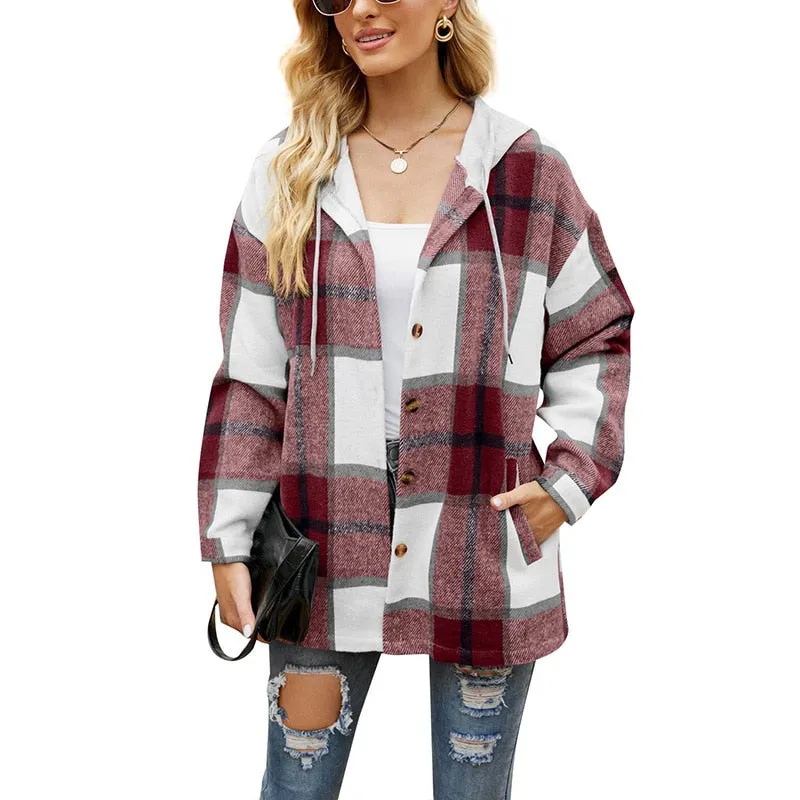 Joskaa Shirt Coat Comfortable Casual Women's Clothing 2024 Autumn/ Winter Fashion New Hooded Plaid Pattern Woolen Coat Ladies Loose Top