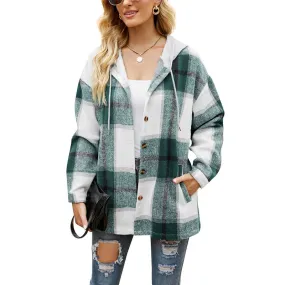 Joskaa Shirt Coat Comfortable Casual Women's Clothing 2024 Autumn/ Winter Fashion New Hooded Plaid Pattern Woolen Coat Ladies Loose Top