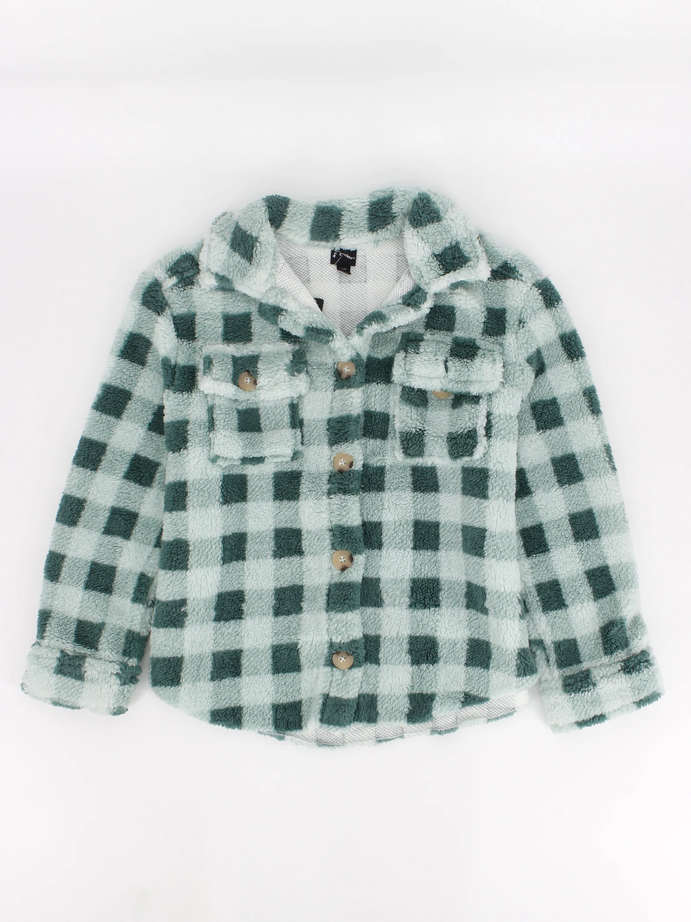 Kids Girl's Faux Fur Plaid Buttons Up Top,Green