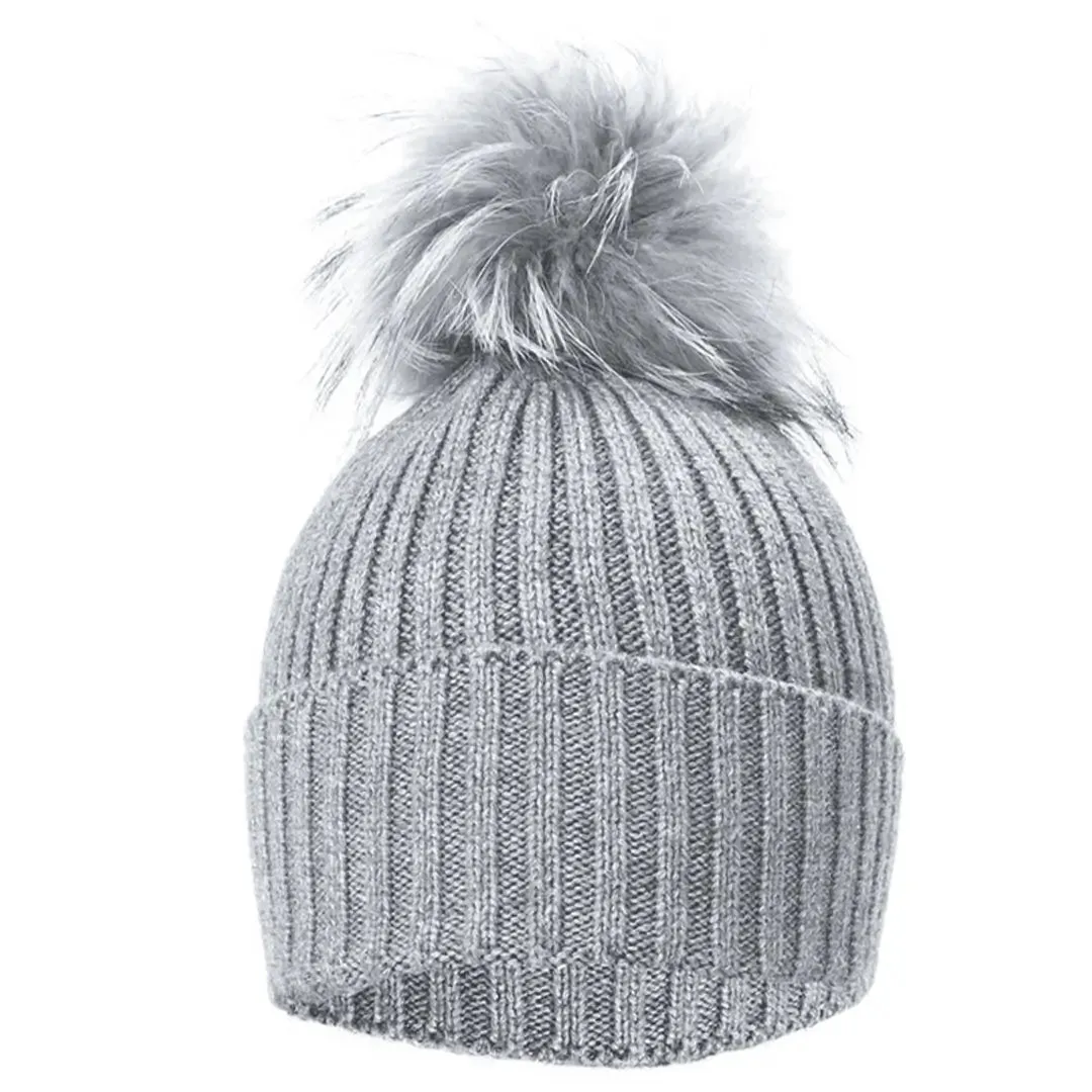 Knitted Fur Pom Pom Hat Grey by Jayley